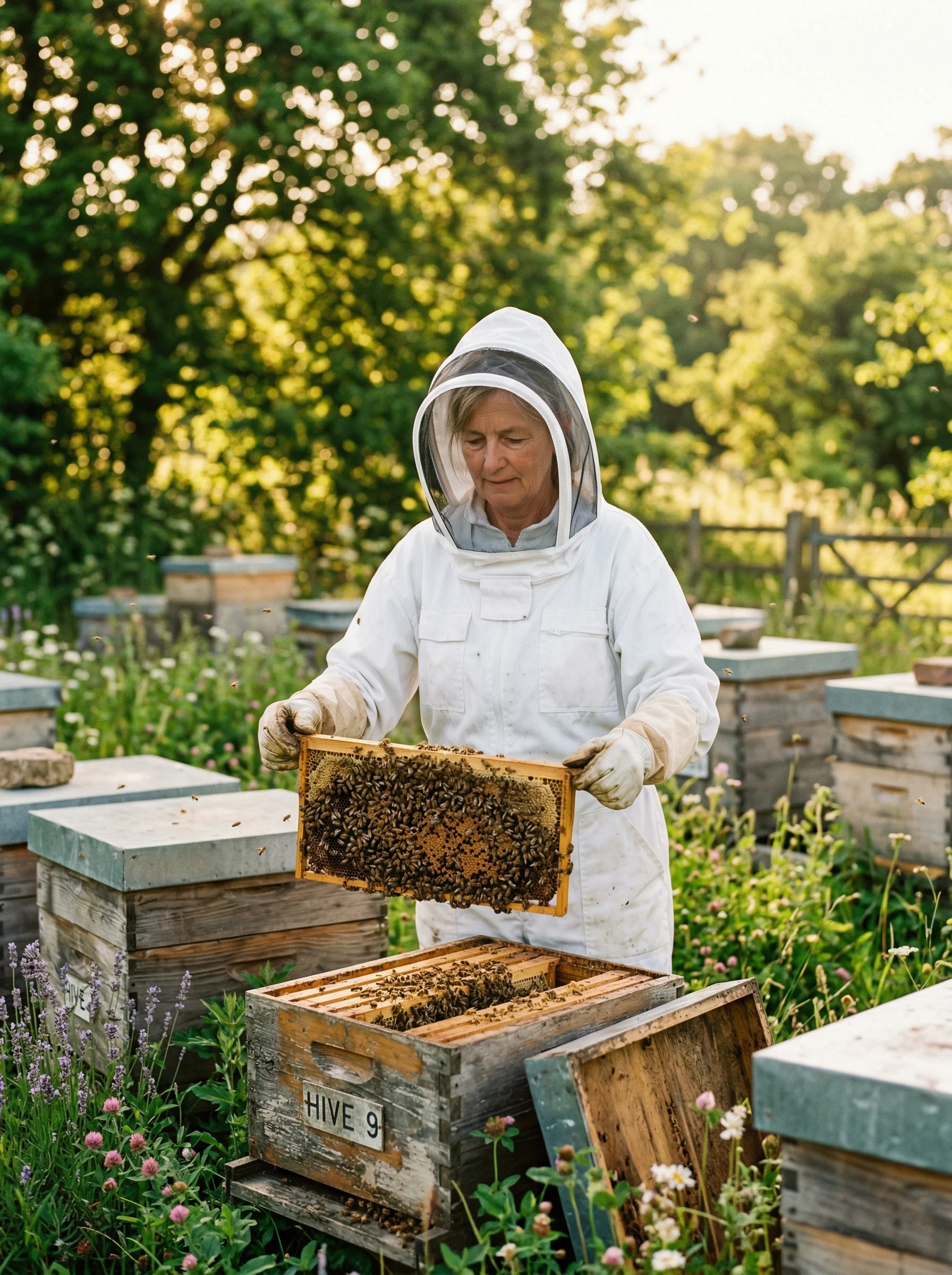 Pszczelarz pracujący przy ulu w pasiece