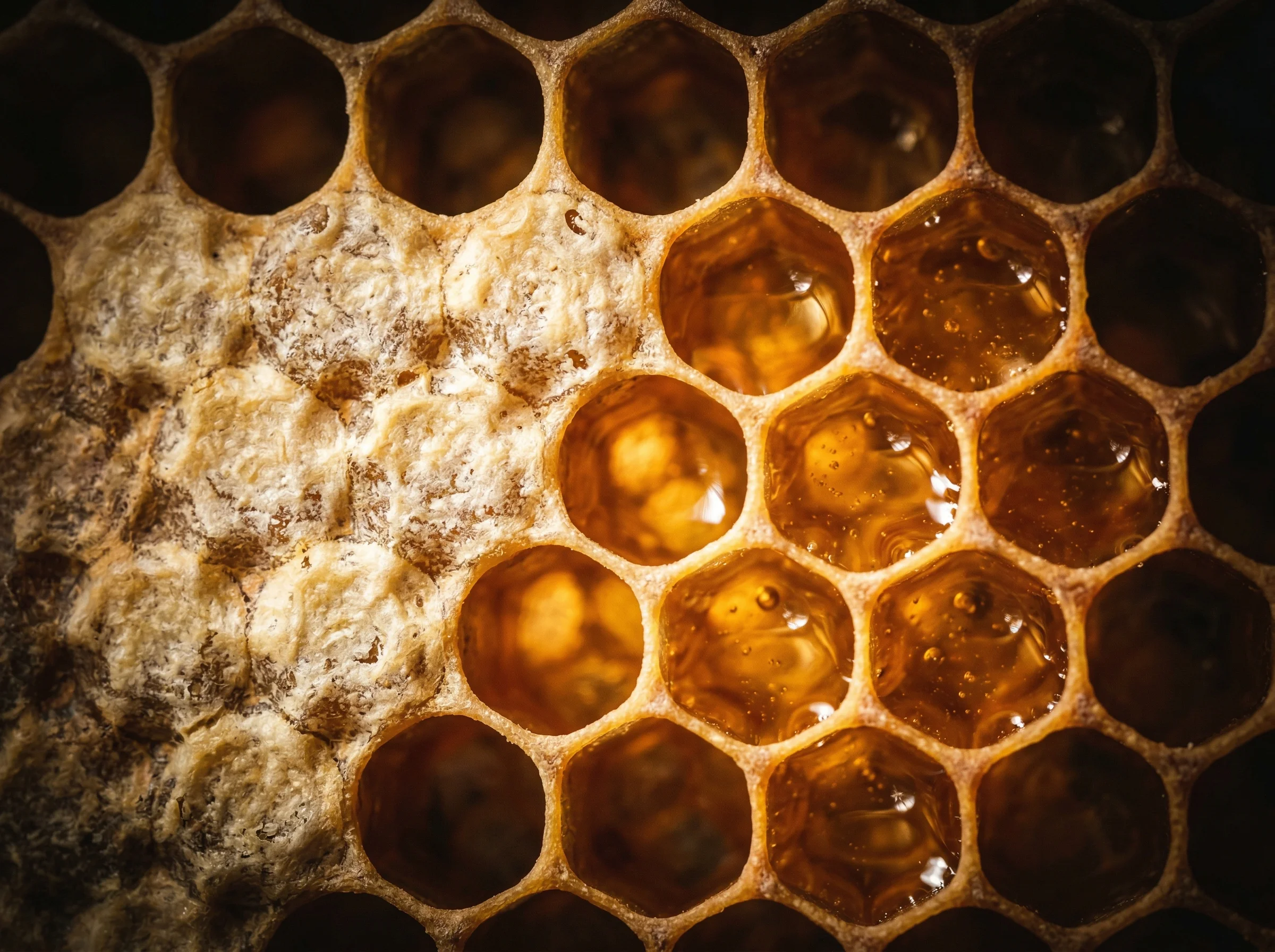 Plaster miodu z bliska — struktura plastra pszczelego